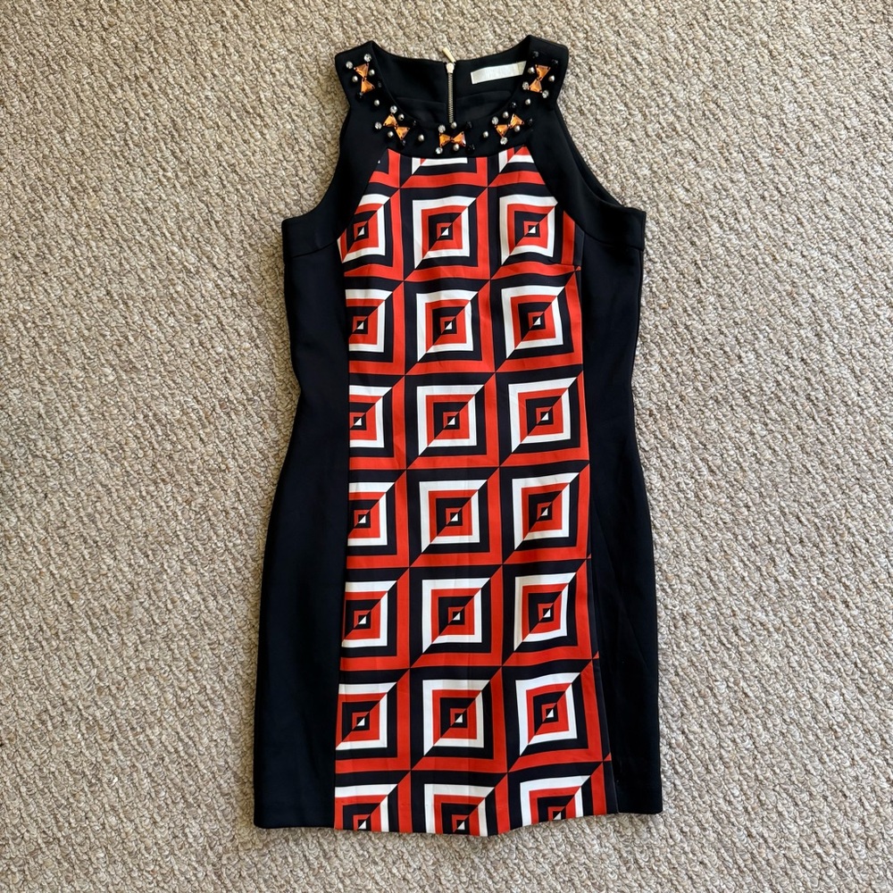 bYSI Black Sleeveless Dress with Orange Geometric Front Panel Size S